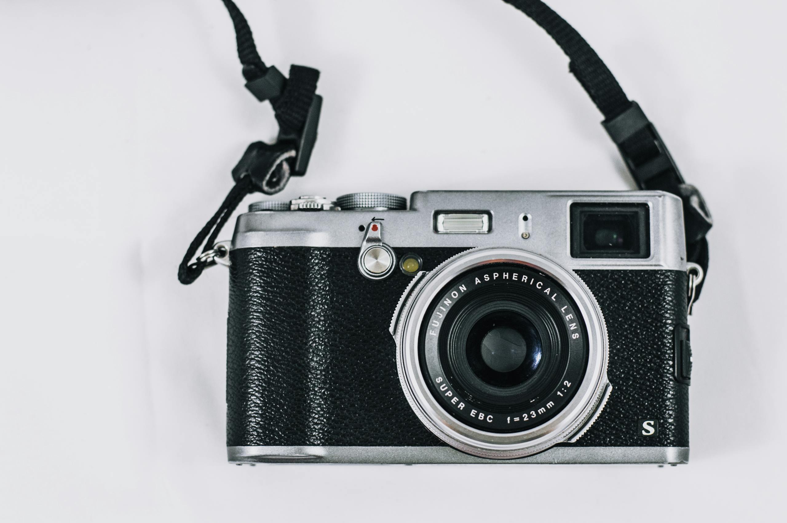 Close-up image of a vintage-style camera, showcasing its lens and details.